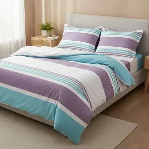 Creative Cotton Duvet Cover Queen Stripe Reversible Stripe Pattern Comforter Cover with Zipper Closure 3 Piece Set 1 Duvet Cover & 2 Standard Pillow Shams