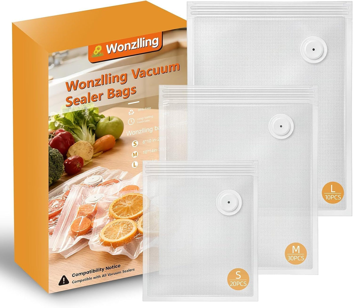 60 Pack Reusable Vacuum Zipper Bags for Food, 3 Sizes with Air Valve, Compatible with Handheld Vacuum Pumps, BPA-Free Sous Vide Bags for Freezer, Microwave & Meal Prep (Pump Not Included)