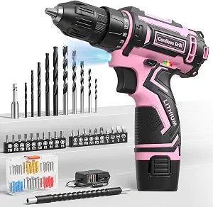 Pink Cordless Drill Set, Electric Power Drill for Women, Lightweight Electric Screwdriver Driver with Battery & Charger, 3/8" Keyless Chuck, Womens Tool Kit for Home DIY Projects