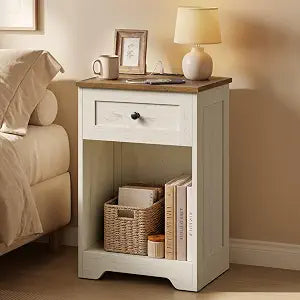 VASAGLE Nightstand with Charging Station, 1 Drawer and Open Shelf