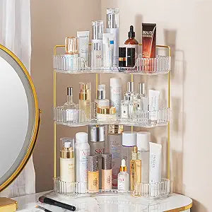 shuang qing 3-Tier Corner Bathroom Counter Organizer  Storage Shelf for Makeup, Perfume & Skincare, Space-Saving Countertop Tray Fits Bathroom, Dresser, Kitchen (White)