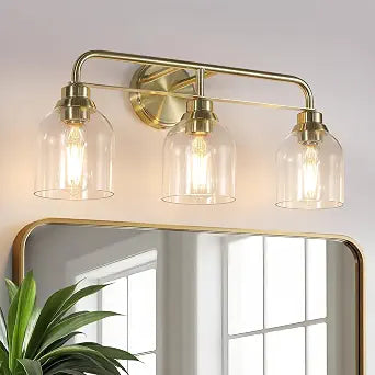 Mecgirn 3 Light Gold Vanity Lights for Bathroom, Bathroom Light Fixtures Over Mirror with Clear Glass Shade, Ceramic E26 Sockets Wall Mounted