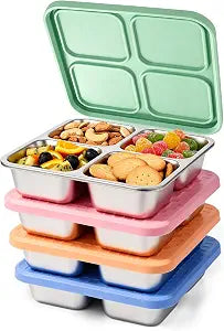 4 Pack Stainless Steel Snack Containers with Silicone Lids, Leakproof Bento Snack Boxes, Reusable 4 Compartment Metal Lunch Containers, Dishwasher Safe Food Storage for Meal Prep, Work & Travel