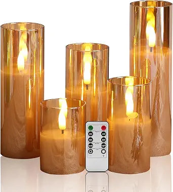 Eywamage Amber Gold Glass Flameless Pillar Candles with Remote Set of 5