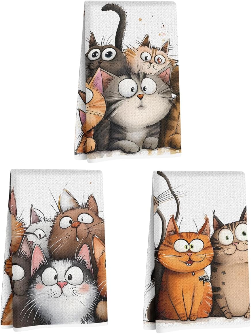 Jztco 3 Pcs Cute Cat Kitchen Towels, Cats Soft Absorbent Hand Tea Towel