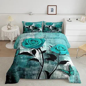 Teal Blue Comforter Set,Turquoise Ombre Rose Bedding Set Kids Twin