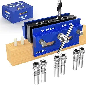BLEKOO Self Centering Doweling Jig Kit, Drill Jig For Straight Holes Biscuit Joiner Set With 6 Drill Guide Bushings, Adjustable Width Drilling Guide Power Tool Accessory Jigs (Blue)