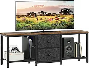 YATINEY TV Stand for TVs up to 55", Entertainment Center with 2 Fabric Drawer, Media Console with Shelves, Television Stands for Living Room, Bedroom, Rustic Brown and Black DS02BR