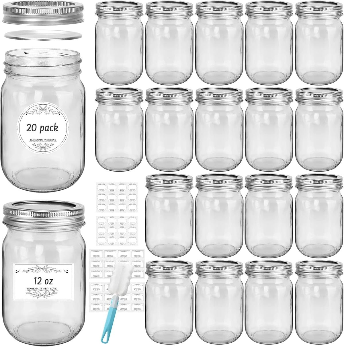 20 Pack 12 oz Clear Glass Mason Jars with Silver Metal Split Lids