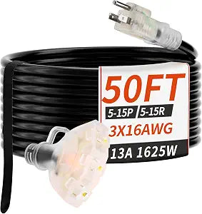 PlugSaf 50 FT 16/3 Outdoor Extension Cord with Multiple Outlets Black