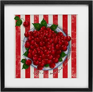 Cherries Bowl Still Life Striped, 16 x 16 Inch Framed Print Under Glass