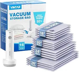VINTAR 16 Pack Vacuum Seal Bags for Clothing Travel with Wireless Pump
