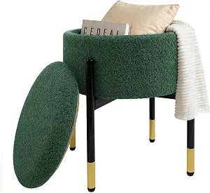 Round Ottoman with Storage, Soft Velvet Vanity Stool, Ottoman Coffee Table with Metal Legs, Foot Stool for Living Room Bedroom, Green