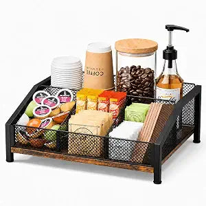 Homsorout Coffee Station Organizer - Coffee Bar Organizer with Removable Dividers for Pods Condiment Syrup Tea Stirrers, K Cup Holder for Kitchen, Office, Home, Countertop, Brown