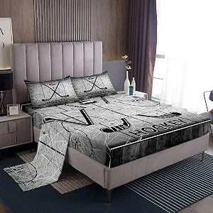 Ice Hockey Sheet Set Full Size,Geometric Lines Ice Rink Bedding Set for Kids Boys Men Teens Room Decor,Winter Ice Sports Games Bed Sheets Grey Black Vintage Barn Door Fitted + Flat Sheet 4Pcs