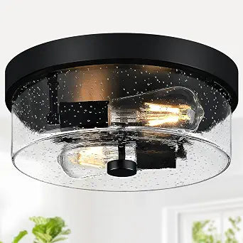 Black Flush Mount Ceiling Light Fixtures, 2-Light Ceiling Mount for Farmhouse with Seeded Glass Lampshade, Industrial Flush Mount Light Fixture Farmhouse for Hallway, Kitchen, Entryway and Foyer