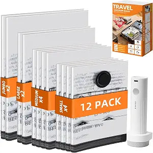 Travel Vacuum Bags with Electric Pump, 12 Pack Luggage Storage Seal Bag, Clothes Compression Suitcase Packing Sealer Bags, Cordless Hefty Vacuum Sealed Space Saver Bags (4S+4M+2L+2J)