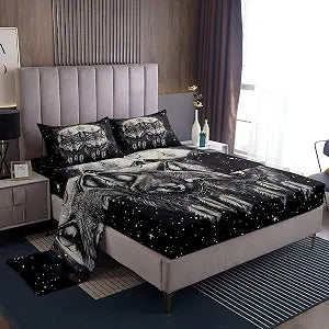 Manfei Moon Wolf Kids Sheet Set Full Size, Boho Dreamcatcher Bedding Set for Boys Teens Room Decor, Wild Animal Theme Bed Sheet Set 4pcs with Deep Pocket Fitted Sheet + Top Sheet + 2 Pillowcases