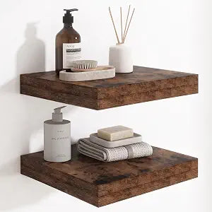12" Deep Floating Shelves for Wall,12 Inch Wide Small Wall Shelves Set of 2,2 Inch Thick Invisible Wall Mounted Shelves for Bathroom Bedroom Nursery,Rustic Brown