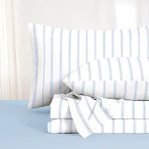 Wake In Cloud - Striped Bed Sheets, 100% Cotton, 4 Pieces Sheet Set, Modern Farmhouse Ticking Vertical Pin Stripe Pattern Printed Bedding, Deep Pocket, Blue White, Queen Size
