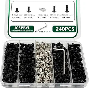 240 pcs M5 T Nut Screws Kit for 2020 2040 2080 Aluminum Extrusion, 120 pcs Black M5x8/10/12/14mm Hexagon Socket Screws and 120 pcs M5 Drop in T-Nuts with 1 pcs Hex Wrench