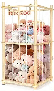 Stuffed Animal Storage - Tall Natural Pine Wood Stuffed Animal Zoo Storage with Elastic Cords, Space-Saving Plushie Playhouse for Nursery, Playroom, Kids Bedroom