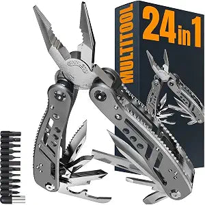 24-in-1 Multitool with Knife, Pliers & 11 Bits Sharp Stainless Steel - Multi Tool for Men - Ideal Gear with Tools for Camping Hiking, Survival, EDC - Best Gifts for Husband Boyfriend 2238