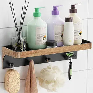 Shower Caddy Adhesive with 5 Hooks & Drainage, No-Drill, Wood