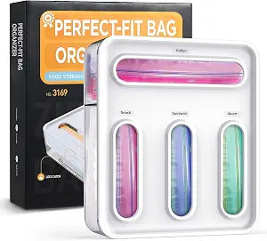 OUTXE Bag Organizer for Drawer + Fridge, Magnetic Kitchen Baggie Storage | Pantry Organization for Ziplock Plastic Food Bags | Compatible with Snack Sandwich Quart Gallon (White)
