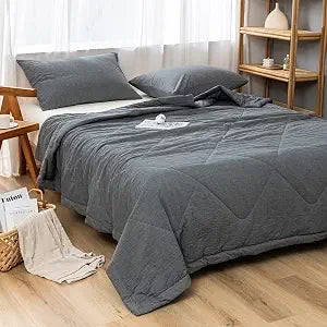 NTCOCO Summer Lightweight Comforter Set,Thin Quilt,100% Washed Cotton,Machine Washable,Soft Comfy Breathable Can Sleep Naked(Queen,Soot Grey