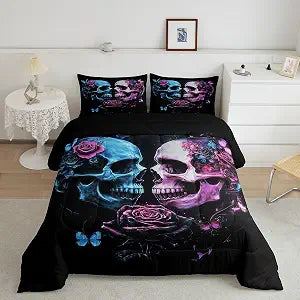 Skull Couple Kids Bedding Comforter Set Full Size,Gothic Flowers Butterfly Bedding Sets All Season,Valentine's Day Country Decor Bedroom Quilt Set,Farmhouse Style Duvet Insert,2 Pillowcases