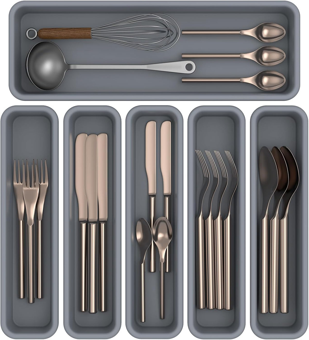 6 Pack Silicone Drawer Organizer for Kitchen, DIY Free Combination Silverware Organizer, Utensil Drawer Organizer, Moisture-proof and Heat-resistant up to 200C, Anti-slip Design (Grey)