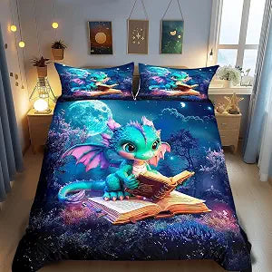 Castle Fairy Cartoon Dragon Duvet Cover Set Queen Size Magic Jungle Night Bedding Set 3pcs for Kids Boys Teens Room Decor Cute Dragon Books Comforter Cover Starry Moon Sky Quilt Cover,2 Pillowcases
