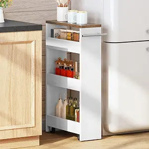 CHOEZON Slim Storage Cart, Slim Storage Rack on Wheels, Rolling Trolley with Handle, Storage Organizer, for Kitchen, Dining Room, Living Room, Laundry Room, White and Walnut MTC01WL
