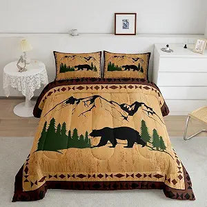 Feelyou Cabin Rustic Bear Bedding Set Full Size Kids Wild Animal Farmhouse Comforter Cover for Boys Girls Teens Nature Wildlife Wooland Hunting Duvet Cover Rustic Brown Quilt Set Soft Microfiber