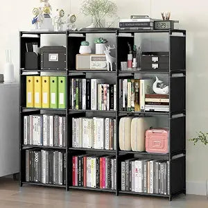12 Cube Storage Organizer Book Shelves, DIY Open Stackable Bookshelf, Extra Large Plastic Bookcase Rack for Bedroom, Living Room, Home Office