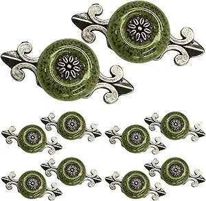 Ceramic Knobs with Pattern, Green, 10pcs