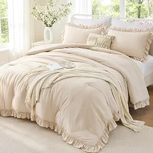 FUANNA Beige Queen Comforter Set, 3 Piece Bedding Sets, Ruffle Bed in a Bag