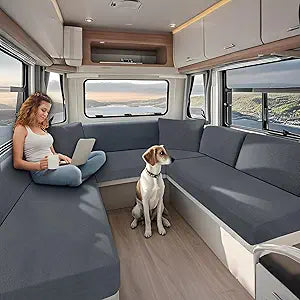 Caravan Seat Cover Stretch Jacquard, Non-Slip RV Dinette Cushion Covers with Tie-up Straps, Couch Cushion Covers for Camper Sofa Bench (Med Gray,W 24-35 in, D 12-20 in)