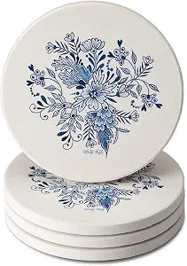 Thirstystone Blue & White Floral 4 Pack Absorbent Stone Coasters