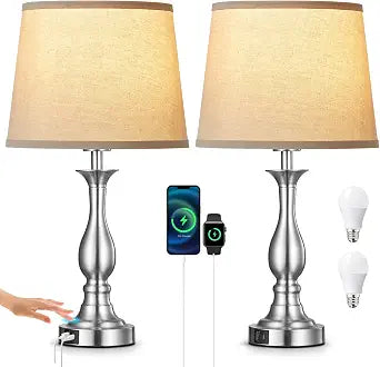 Bedside Table Lamp Touch Control Bedroom Lamps with USB A and C Charging Port 3 Way Dimmable Touch Lamps for Nightstand Living Room Bedroom Dorm Home Office Reading, Set of 2