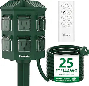 Outdoor Power Stake Timer, Remote Control Dusk to Dawn Light Timer, 25FT Extension Cord Waterproof, 6 Grounded Outlets for Graden and Yard Decorations, ETL Listed