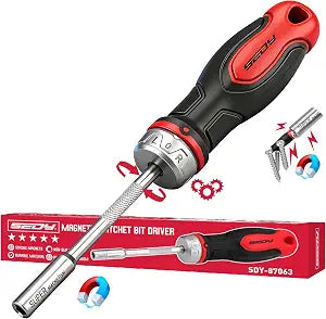 1/4 Magnetic Ratcheting Screwdriver, Durable Bit Holding Screwdriver With Non-Slip Handle 220mm Long Multi Tip Screwdrivers Ratchet Bits Driver Ergonomic Cushion Grip For Garage & Daily Repair