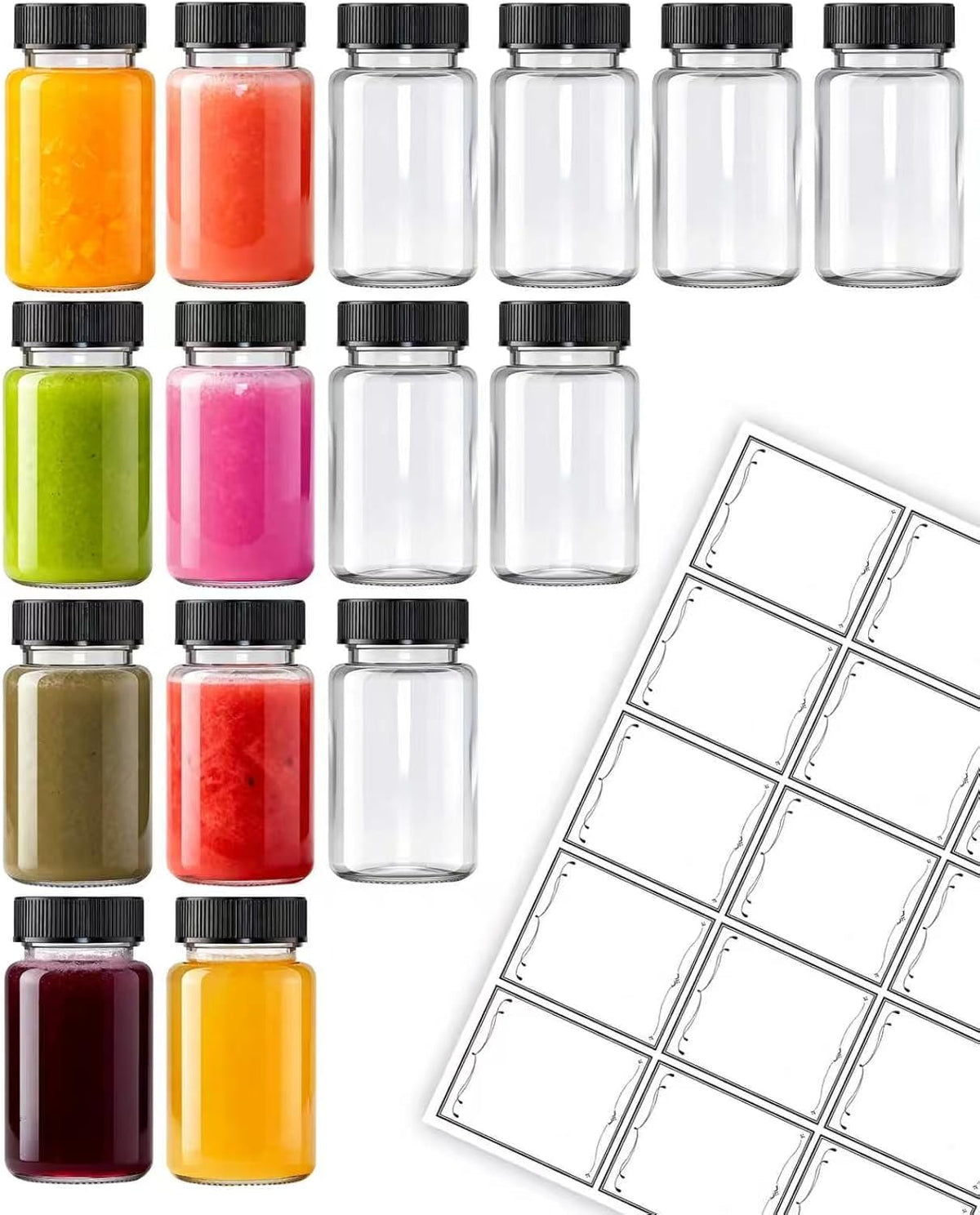 15 Pcs 2 Oz Glass Juice Shot Bottles With Black Caps & 15 Labels, Reusable Small Wellness Ginger Shot Glass Bottles Jar With Lids For Juicing & Ginger Shots, BPA-Free & Leak-Proof & Dishwasher Safe