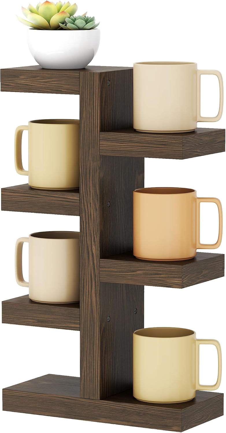 NiHome Coffee Mug Holder, Wood Mug Rack, 7 Mugs, Countertop, Vintage
