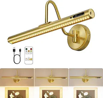 16" Picture Light for Wall,Cordless Rechargeable Picture Light,1 Pack Brass