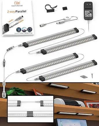Under Cabinet Lighting Built-in Adjustable Wires Y Splitter Parallel Connected LED Lights for 2-Tier Shelves 4-Pack 16W 6500K 1800Lm Touch Kitchen Counter Light Bar & ETL Power for Clean Installation