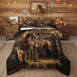jejeloiu Western Horse Comforter Set Cowboy Bedding Set Twin Size 2 Pcs