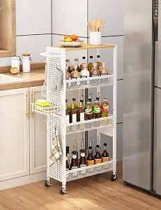 Slim Storage Rolling Cart: 4-Tier Narrow Metal & Wood Utility Cart with Wheels for Kitchen/Laundry/Bathroom(White)