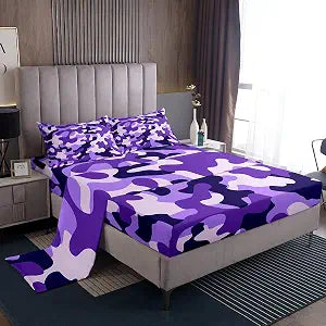 Castle Fairy Purple Camo Sheet Set Camouflage Bedding Set Queen Size Boys Kids Teens Girls Fitted Sheet 4pcs Youth Chic Romantic Top Flat Sheet Modern Bedroom Decor with 2 Pillowcases
